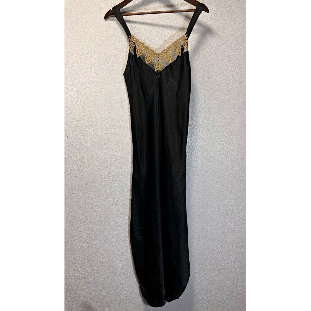 Secret Treasures Womens M Black Satin Slip Dress Gold Lace Trim Adjustable Strap